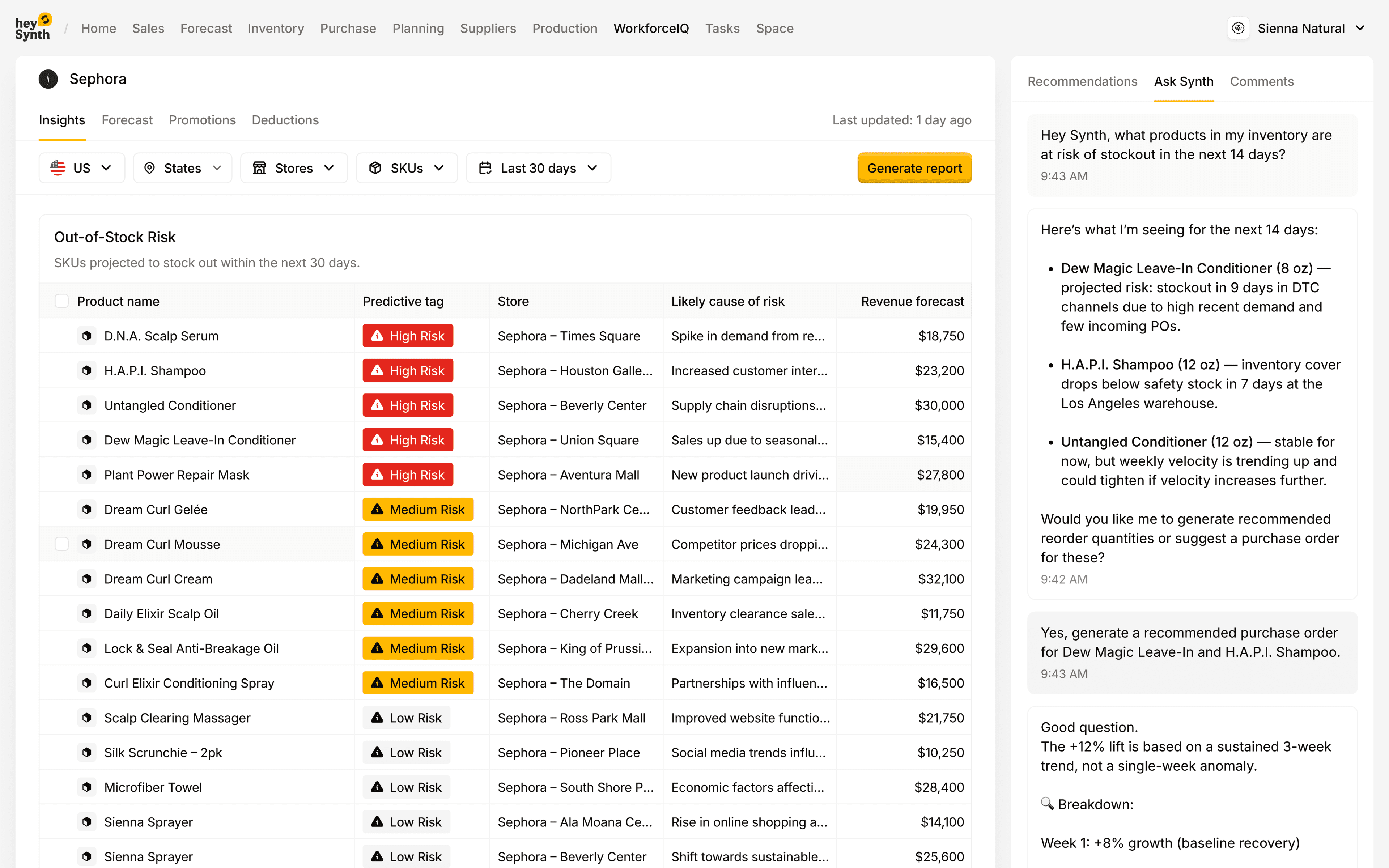 Ask Synth AI inventory insights